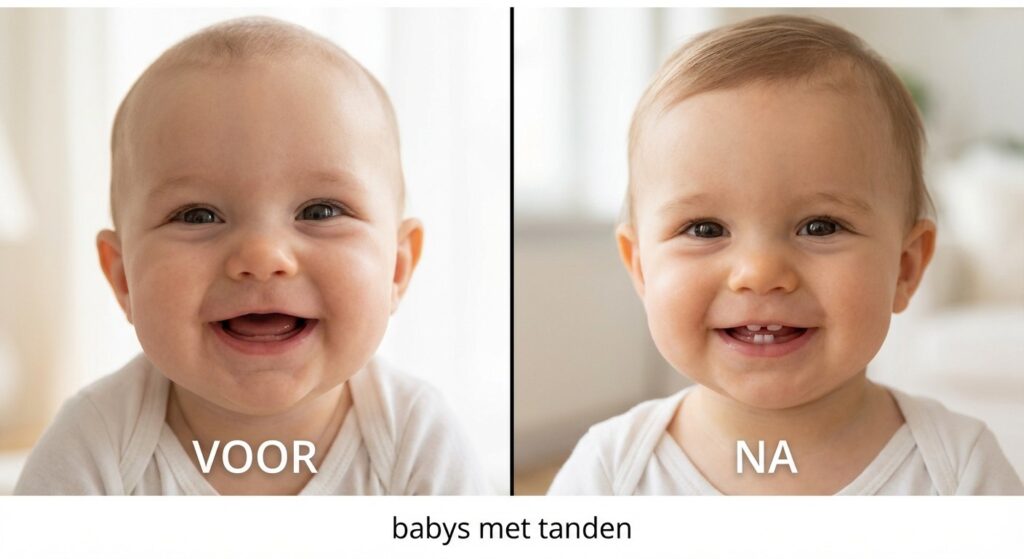 Op de foto zie je een voor-na vergelijking van een baby, waarbij in de eerste afbeelding nog geen tandjes zichtbaar zijn en in de tweede twee kleine ondertandjes te zien zijn. Dit beeld benadrukt het moment waarop babys met tanden starten met mondgezondheid en gebitsverzorging. In de context van tandheelkunde onderstreept de overgang naar het eerste melkgebit het belang van preventieve mondzorg en vroege begeleiding in de tandartspraktijk. Deze visuele illustratie maakt duidelijk dat esthetische tandheelkunde en professionele zorg al bij de eerste tandjes een cruciale rol spelen.